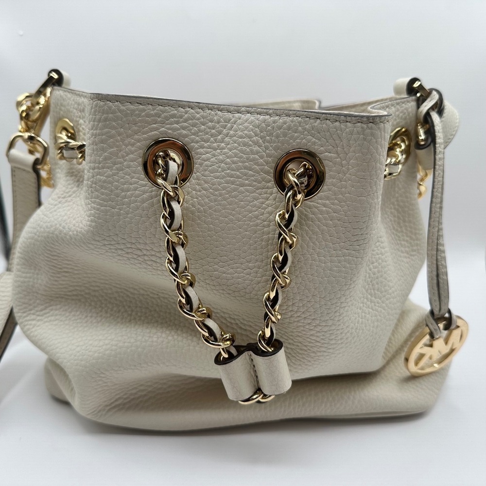 Michael Kors White Leather Drawstring Bucket Bag Gold Chain Shoulder Strap